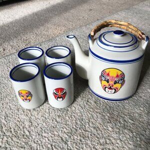 Japanese tea set w/ Japanese theater face masks graphic